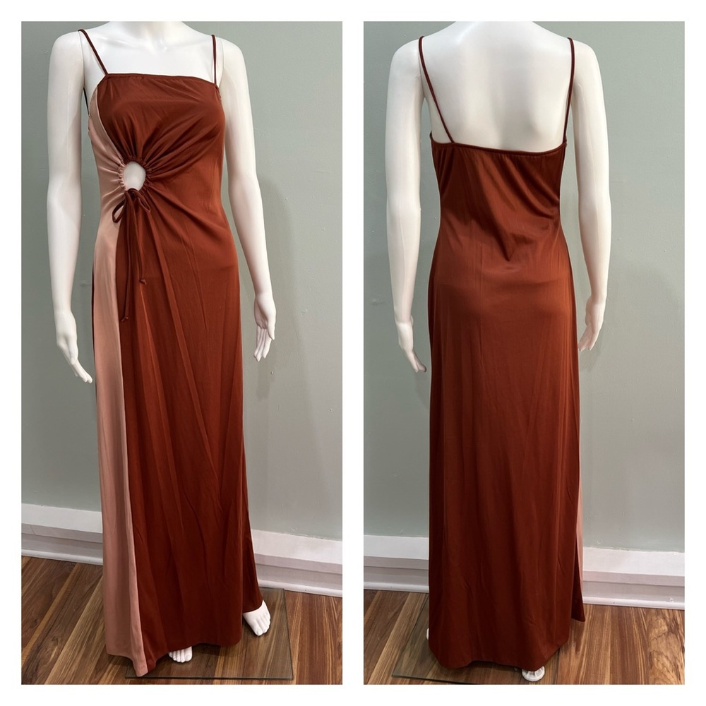 VTG Dress Cutout Brown Pink Spaghetti Strap S Maxi Stretch